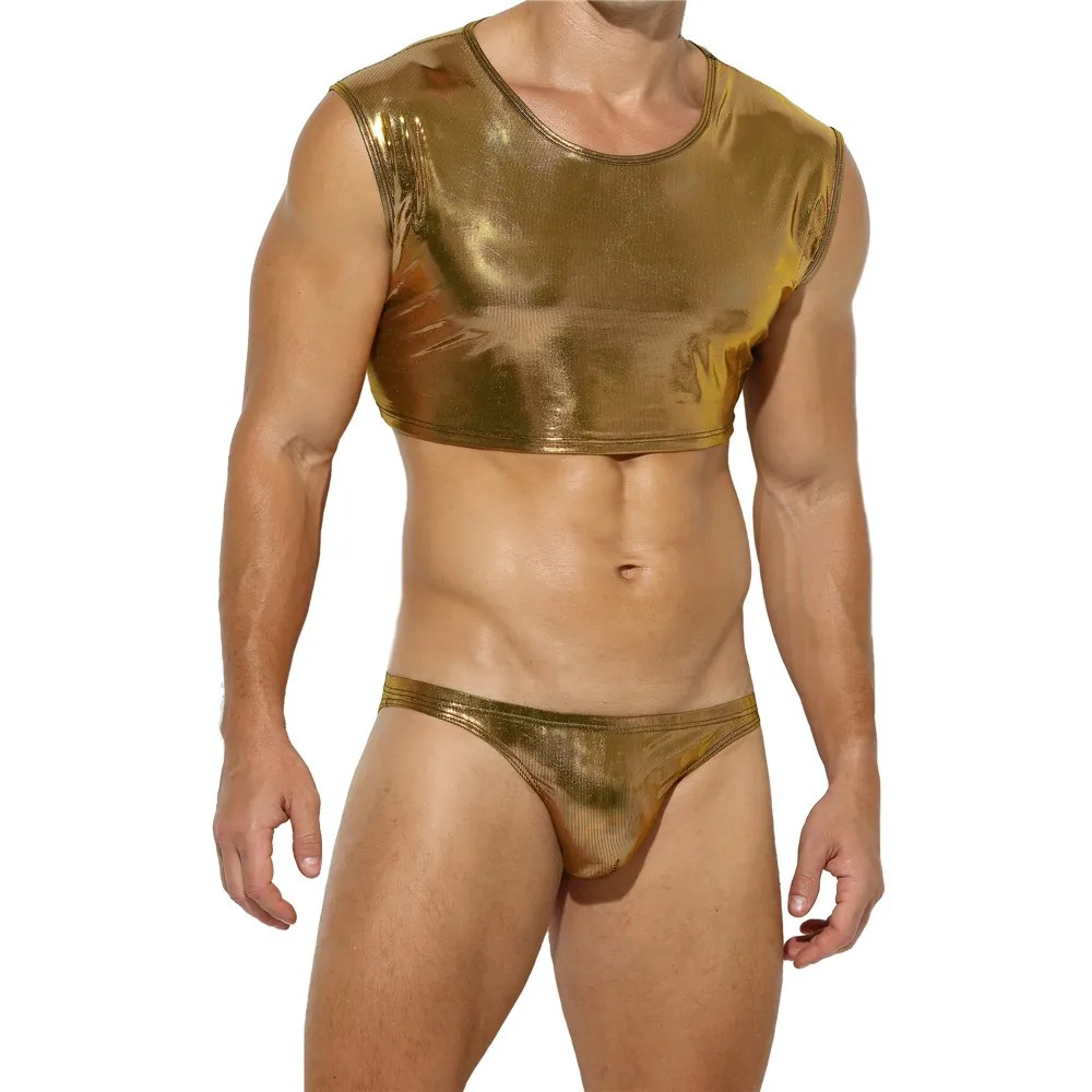 Sexy Shiny Mens Clothes Set Faux Leather Crop Tops Nightclub Sexy Chest Harness Mini Vests + Boxer Briefs Men Underwear Clubwear