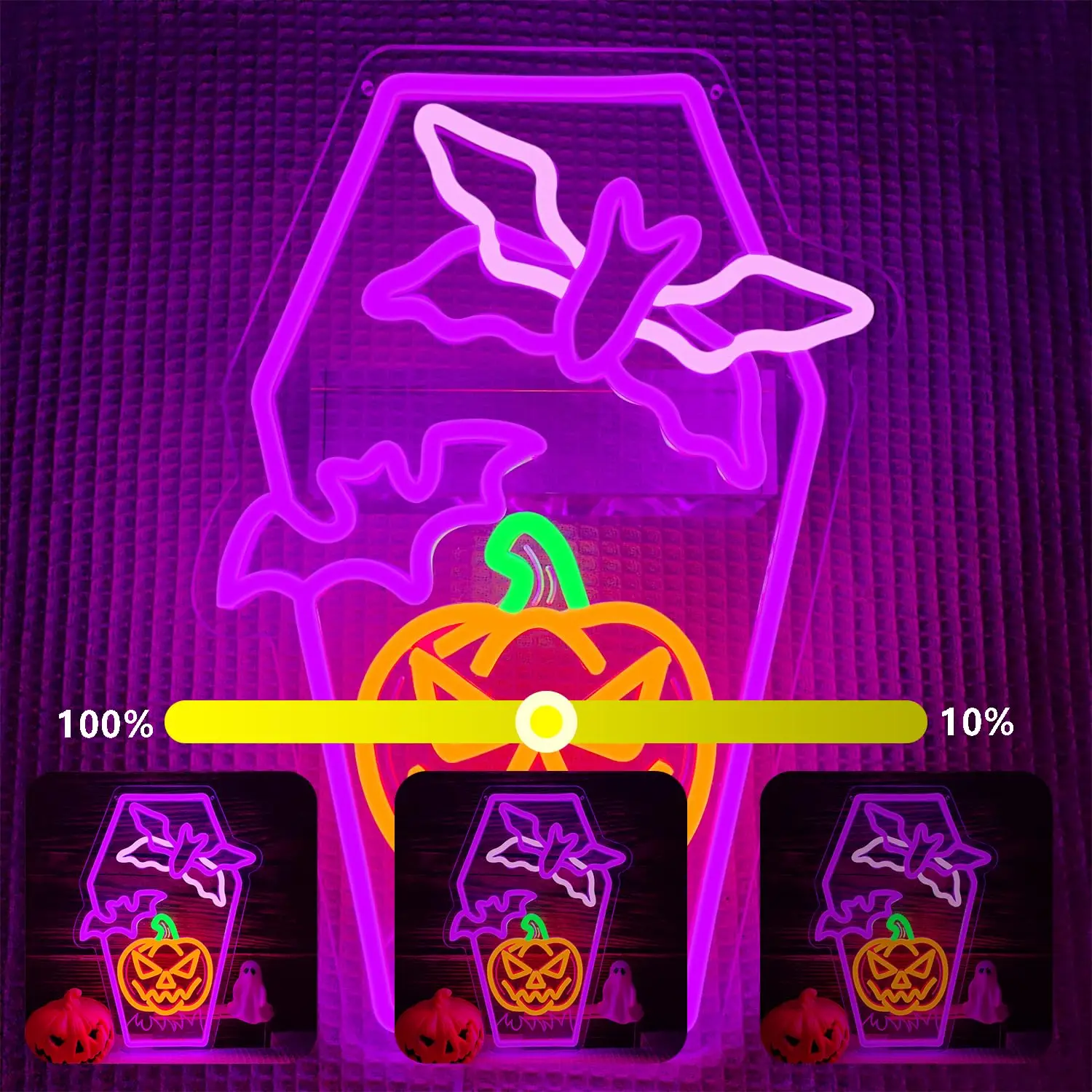 Pumpkin Bat LED Neon Sign for Wall Decor Flying Bat Light Flashing Sign Dimmable Switch for Spooky Holiday Atmosphere Decor