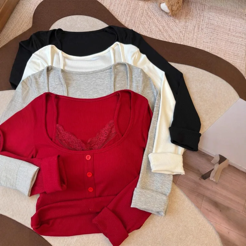 Pure Aesthetic Lace Trimmed Top  Figure-Hugging Long Sleeve Shirt with Fake Two-Piece Design Versatile Layering Piece for Autumn