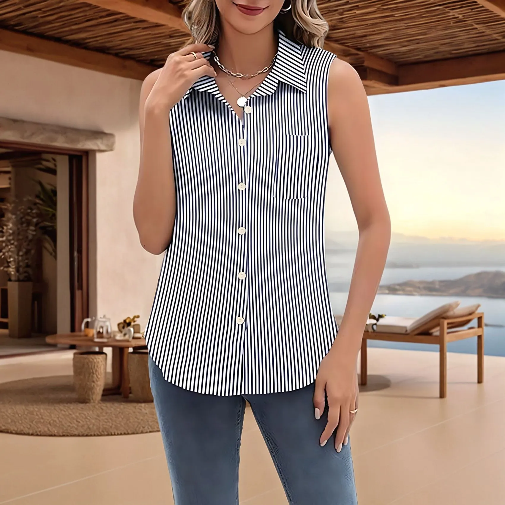 

NEW-Womens Sleeveless Button Down Shirt Tops V Neck Business Casual Collared Blouses Tank Top