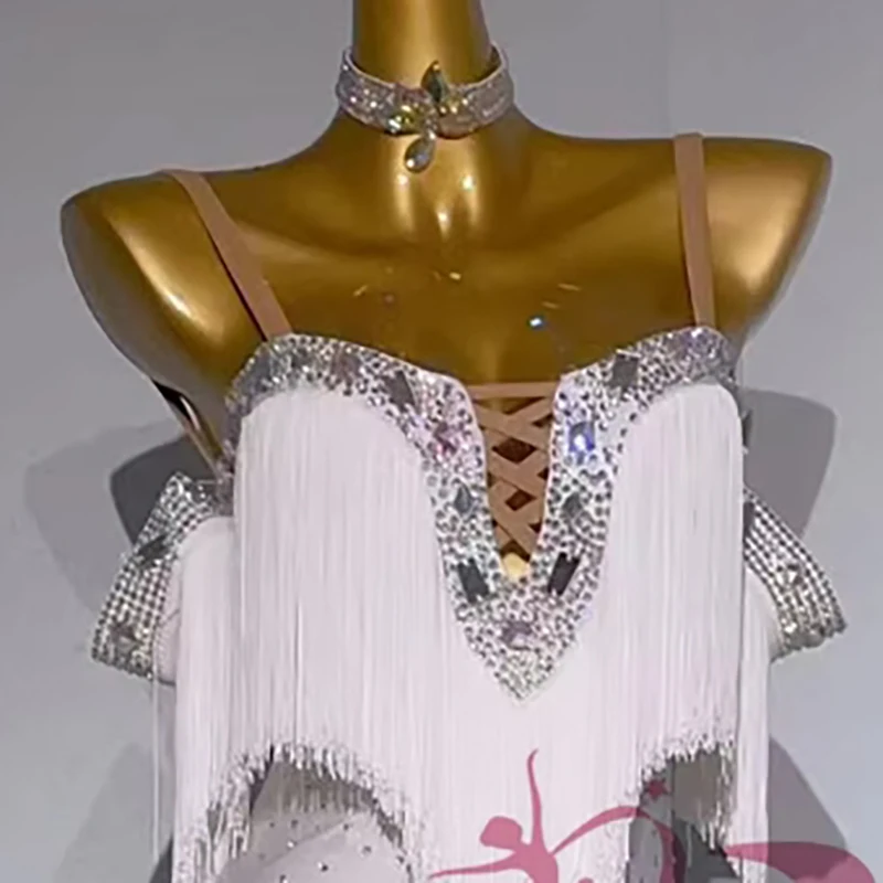 

Платье для латинских танцев, высококачественное чисто белое платье на заказ с кисточками и бриллиантами, платье на подтяжках, ча-ча, танго, сценическая профессиональная одежда