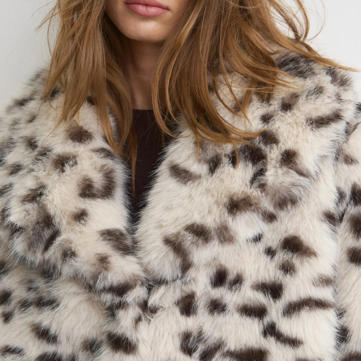 IG Women White & Brown Leopard Print Oversized Wide Lapel Mid-Length Coat, Hidden Snap Closure Side Pockets, Winter Warm Casual