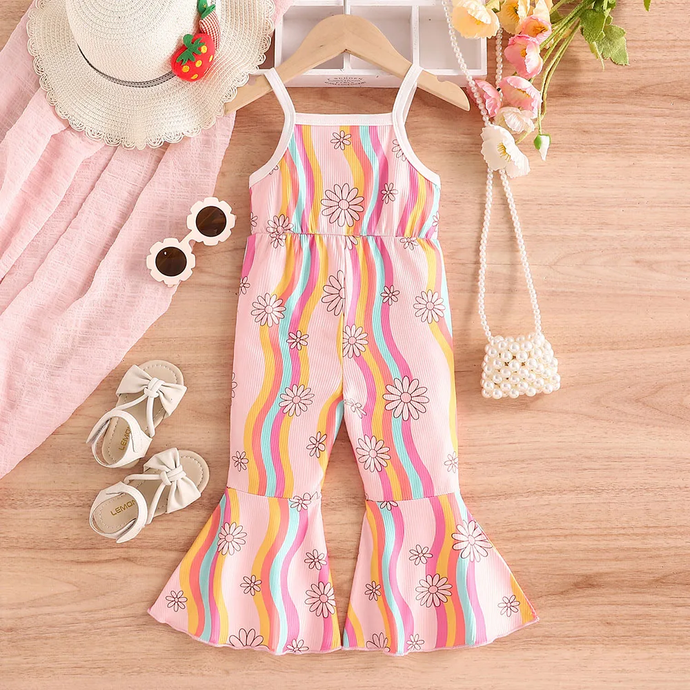 

2024 Summer Baby girl clothes Floral stripe Print Overall Suspenders Flared One piece Outdoor clothes for children