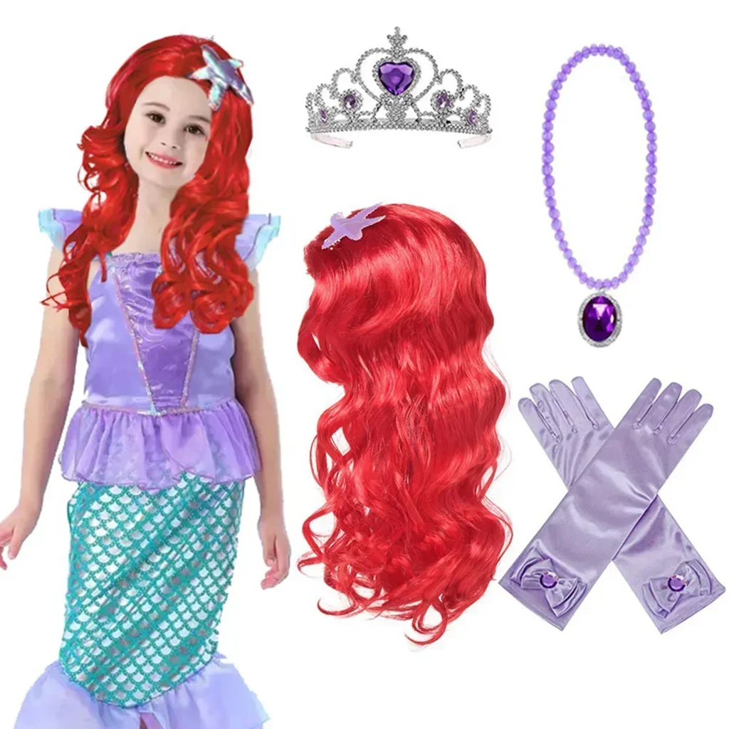 Little Mermaid Ariel Accessories for Baby Girls Crown Necklace Hair Hoop Wig Glove Lovely Parts Birthday Cosplay Dress Ornament