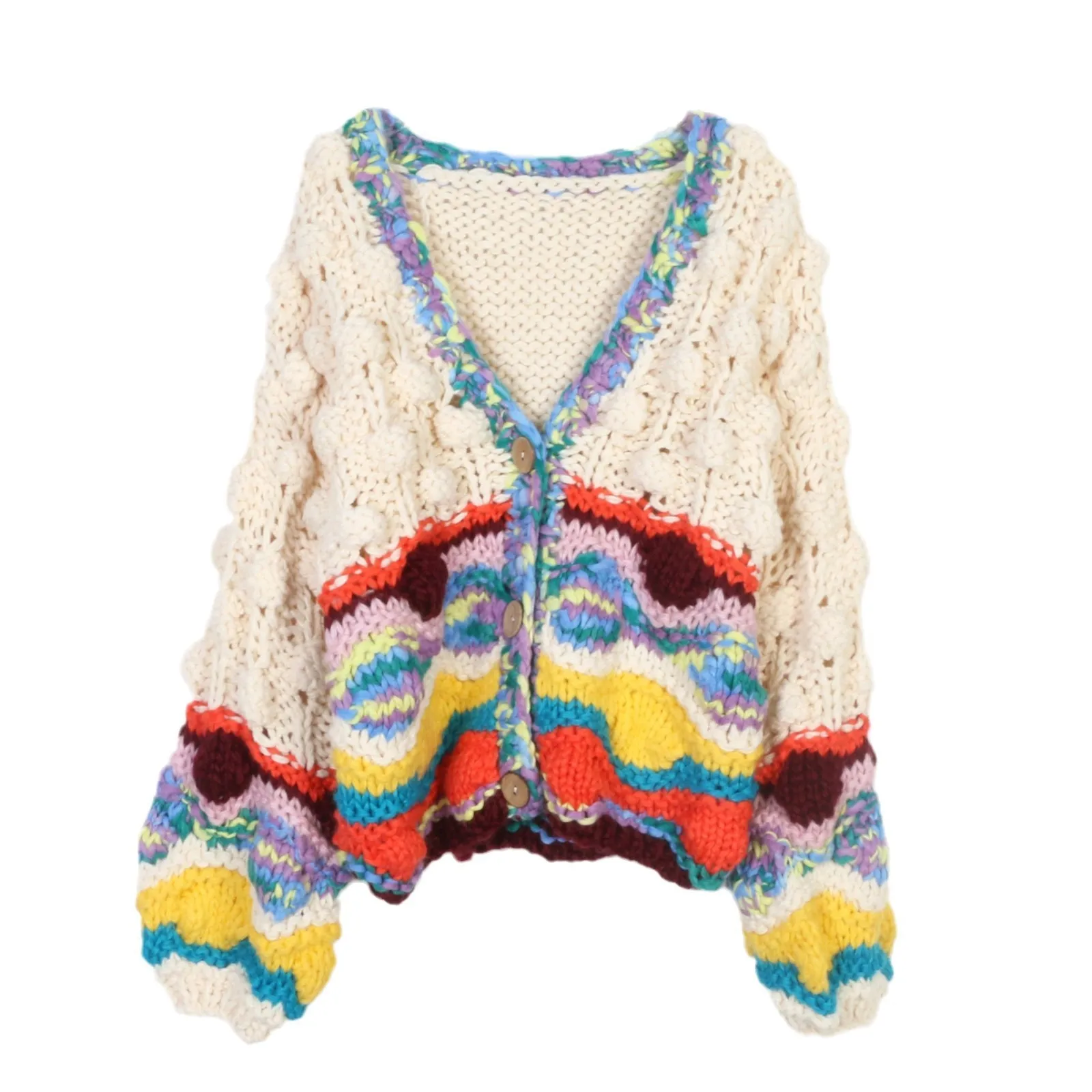 

Knitted cardigan jacket women weave Retro 2025 autumn/winter casual loose lazy style rainbow thick basic Simple