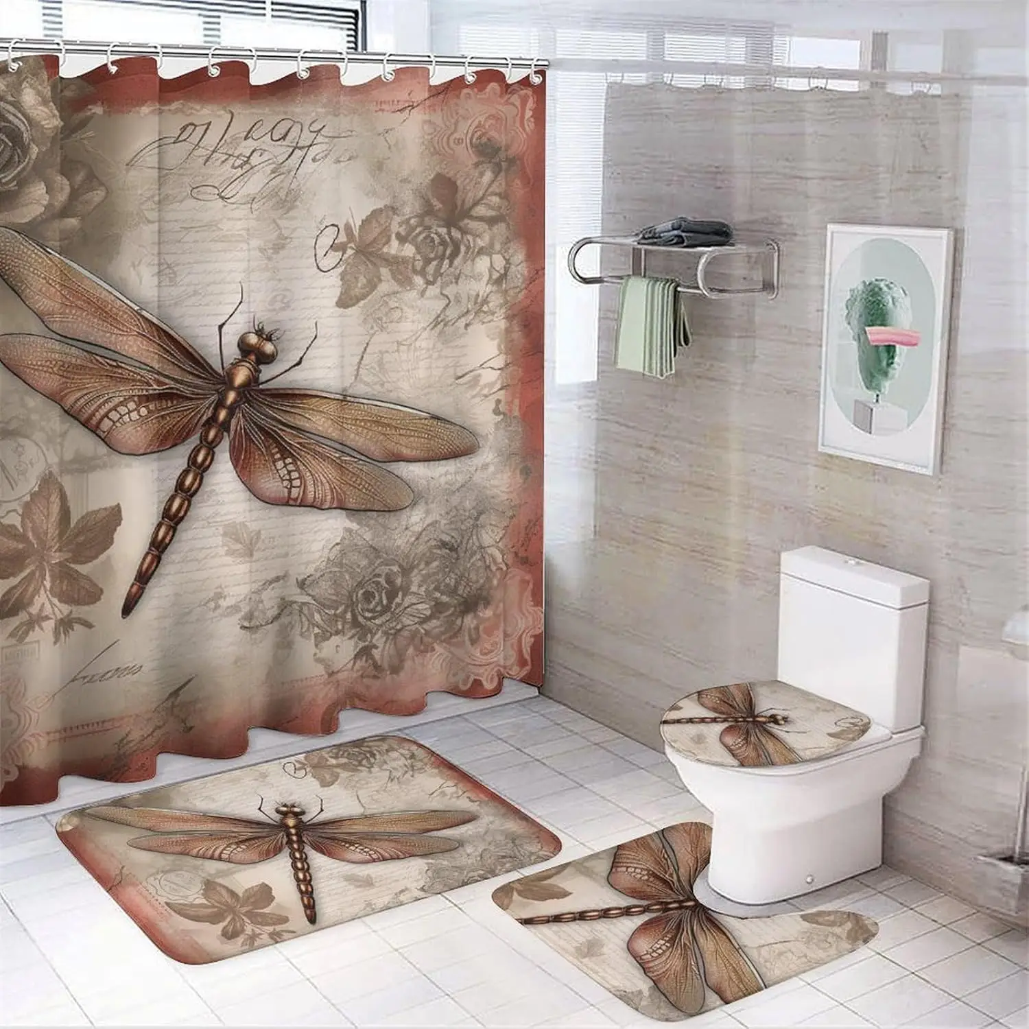 

Набор занавесок для душа, 4-х шт., набор для ванной комнаты с изображением стрекозы и нескользящими ковриками, крышкой унитаза и ковриком для ванной комнаты, декор для воды