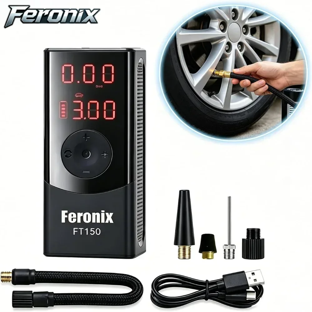 feronix-ft150-tire-inflator-portable-air-compressor-rechargeable-air-pump-for-car-tires-150-psi-smart-bike-pump-auto-shut-off