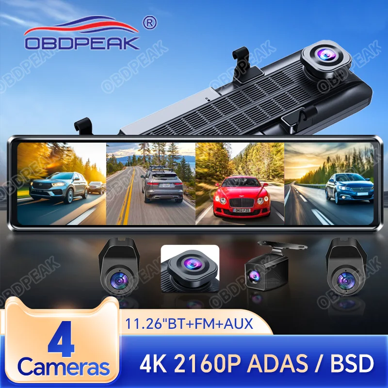 11.26 Inch 4CH Mirror Dash Cam 4K Front Rear View Mirror  4 Cameras Video Camera with ADAS BSD WIFI 24H Parking DVR