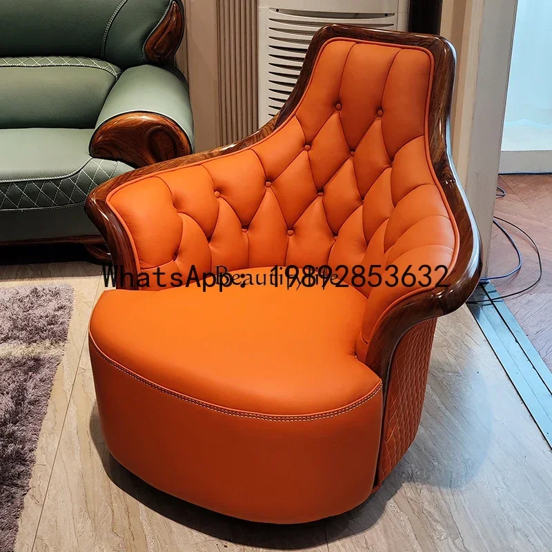 leather leisure swivel chair New Chinese first-layer cowhide solid wood recliner