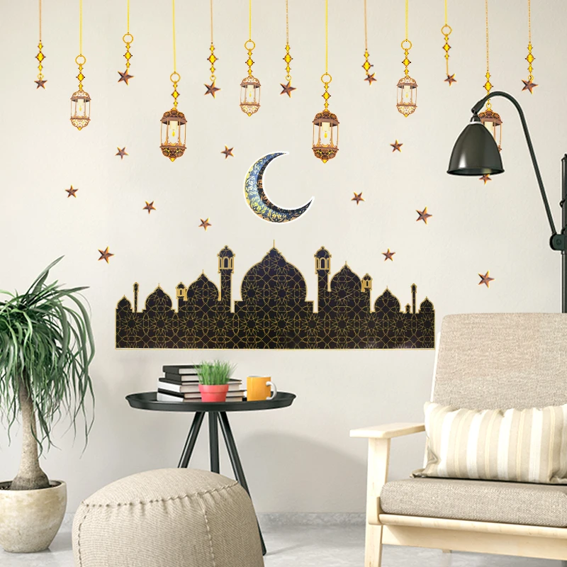 1pc Ramadan Kareem Eid Mubarak Wall Stickers Ramadan Decorations Wall Decals Stars Lantern Pattern Party Islamic Festival Decor