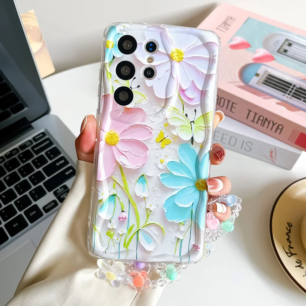 Wrst Chain Phone Case For Samsung S24 S23 S22 S21 S20 FE Plus Ultra A10S 20S 11 02 03 04 05S Flower Lanyard Soft TPU Cover