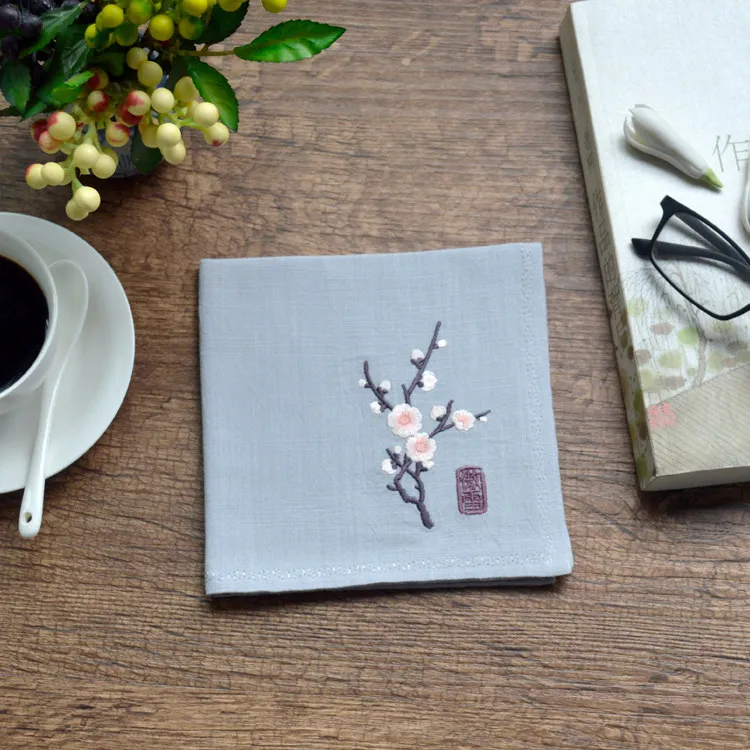 Chinese Traditional Hanfu Style Plum Embroidery 100% Cashmere Handkerchief Custom Name Absorbent Multicolor Unisex Business Gift