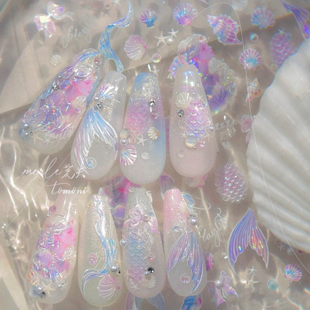 Ocean 5D Mermaid Princess Fish Tail Scallop Conch Starfish Bowknot Fish Scale Bubble Nail Art Sticker Rhinestone Manicure Decal