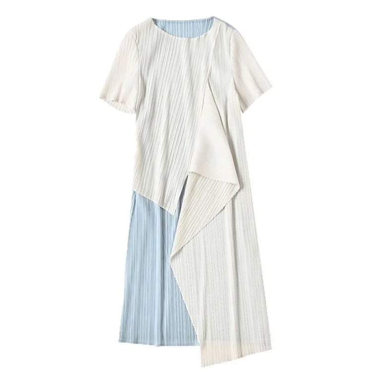 Miyake Kleid mit plissierter Taille, 2025, Sommer, neues schlankes Design, Farbkollision, unregelmäßiger mittellanger Rock