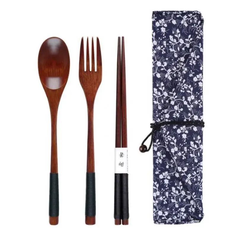 Innocuous high quality Set Wooden Spoon+Fork+Chopsticks+Cloth Bag Bamboo Kitchen Cooking Utensil Tool Soup Teaspoon Catering