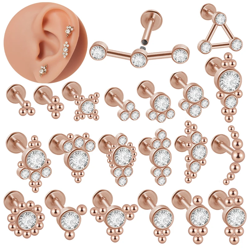 1PC Surgical Steel Rose Golden Zircon Labret Lip Rings Ear Cartilage Tragus Lobe Helix Daith Studs Earrings Piercing Jewelry 16G