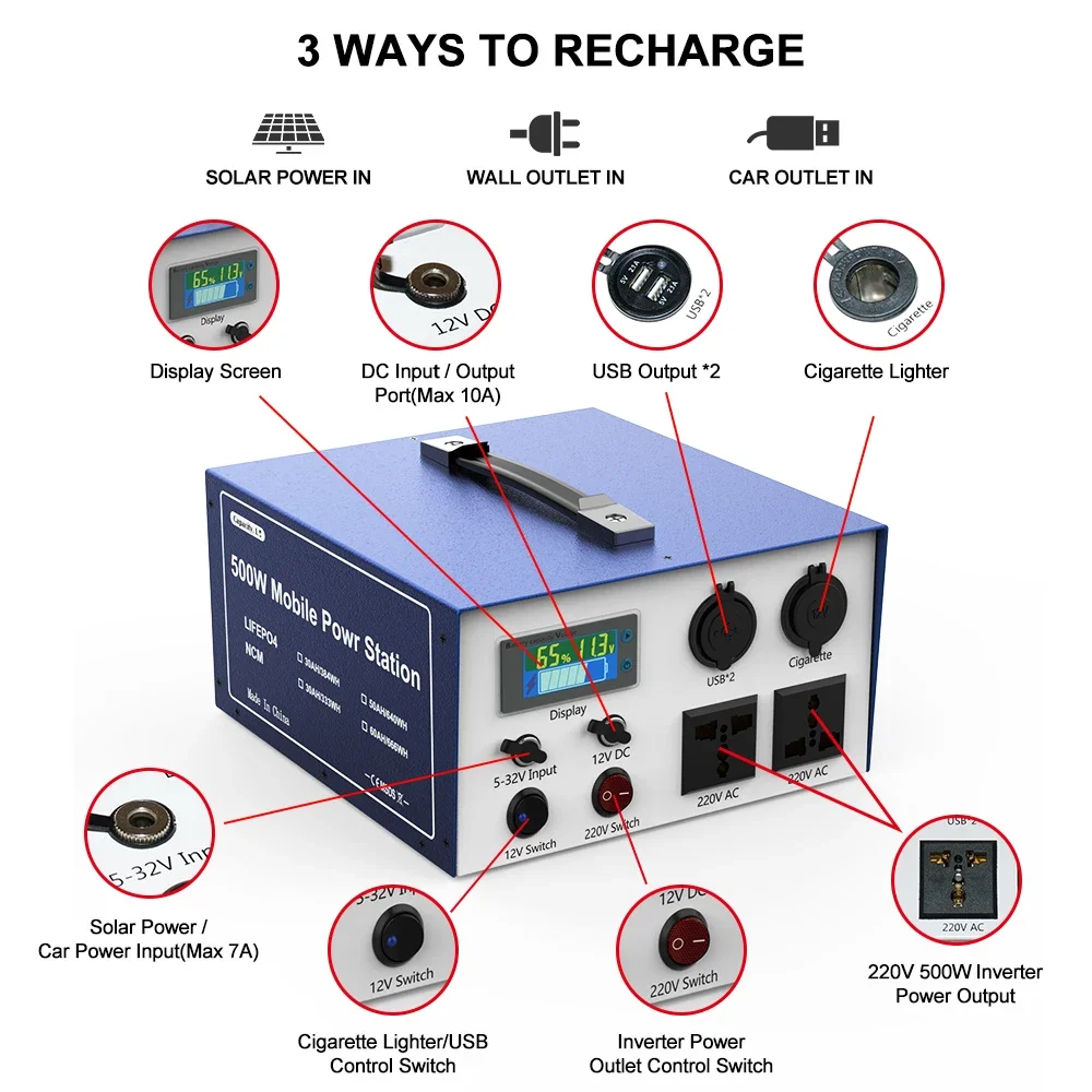 12V 60AH lithium Lifepo4 battery inverter 220V 500W 50Ah portable battery outdoor camping usable mobile 30AH 25AH