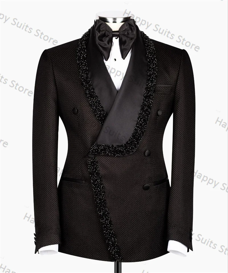 

Luxury Crystals Men Suits Pants Set 2 Piece Black Blazer+Trousers Customized Wedding Tuxedo Formal Office Jacket Prom Dress