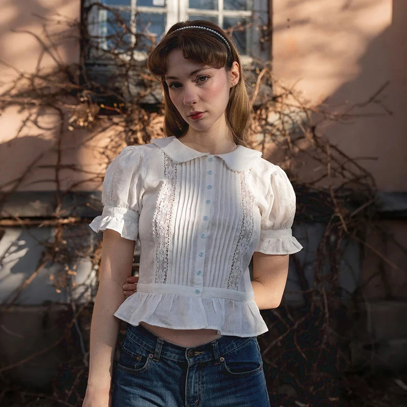 

French Style Bubble Sleeve Short Sleeve Lace Trim Doll Collar Slim Fit Shirt Top Cotton Linen Blend Spring Summer New Arrival
