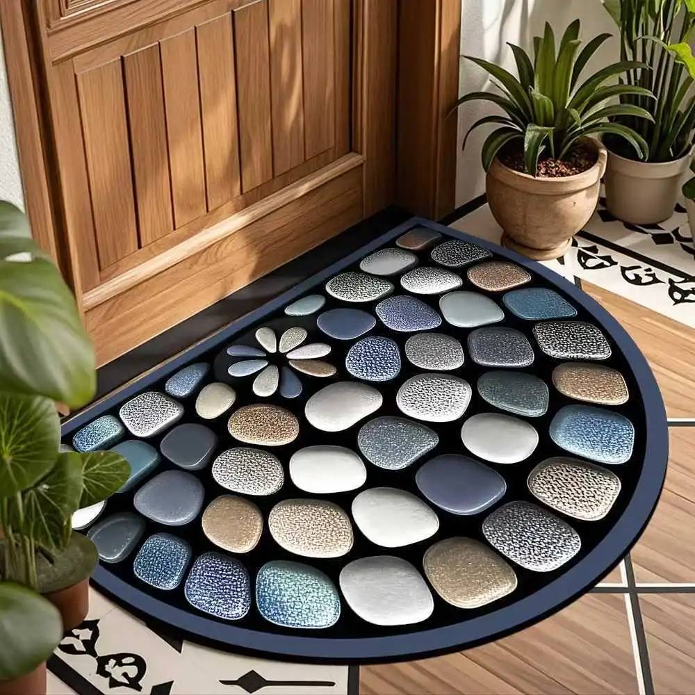 Half Round Gradient Pebble Mat, Non-slip Semicircle Doormat, Textured Stone Print, Absorbent Floor Rug for Entryway