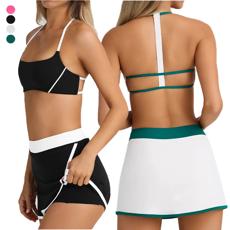 

Women Gym Set Golf Tennis Badminton Skirt Sports Bra Yoga Fitness Workout Outfit Fashion Casual Suit Women Skirt Bra Sportswear