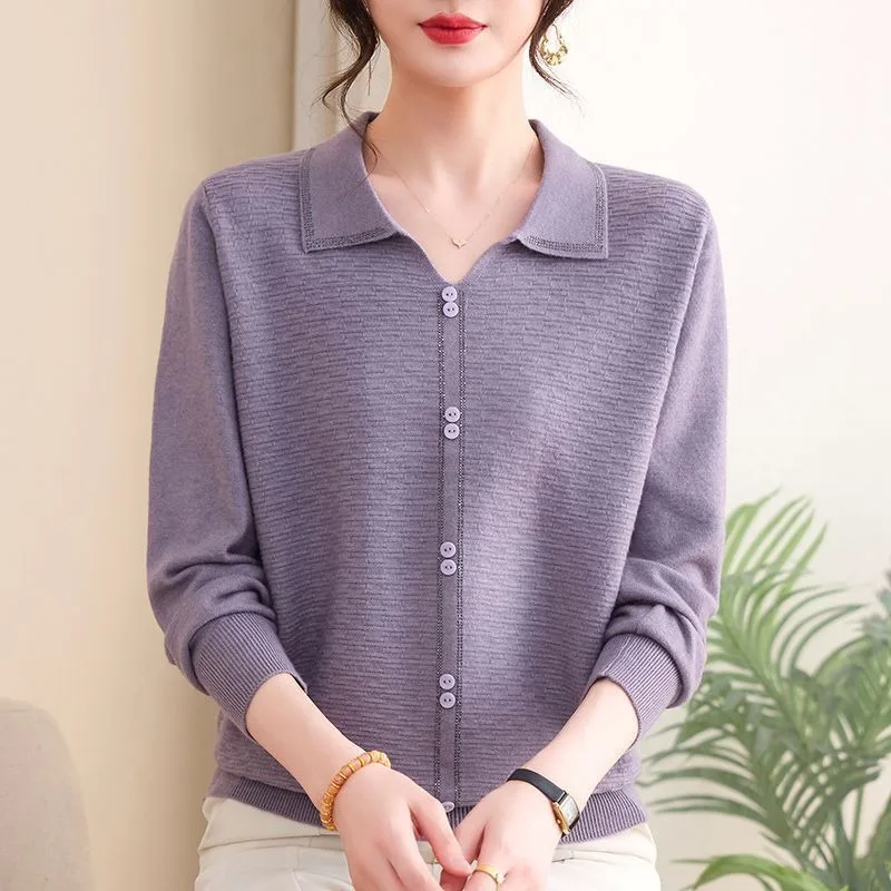 Elegant Mom Polo Collar Knit Sweater Autumn Winter Rhinestone Decor Loose Middle Aged Women Base Top
