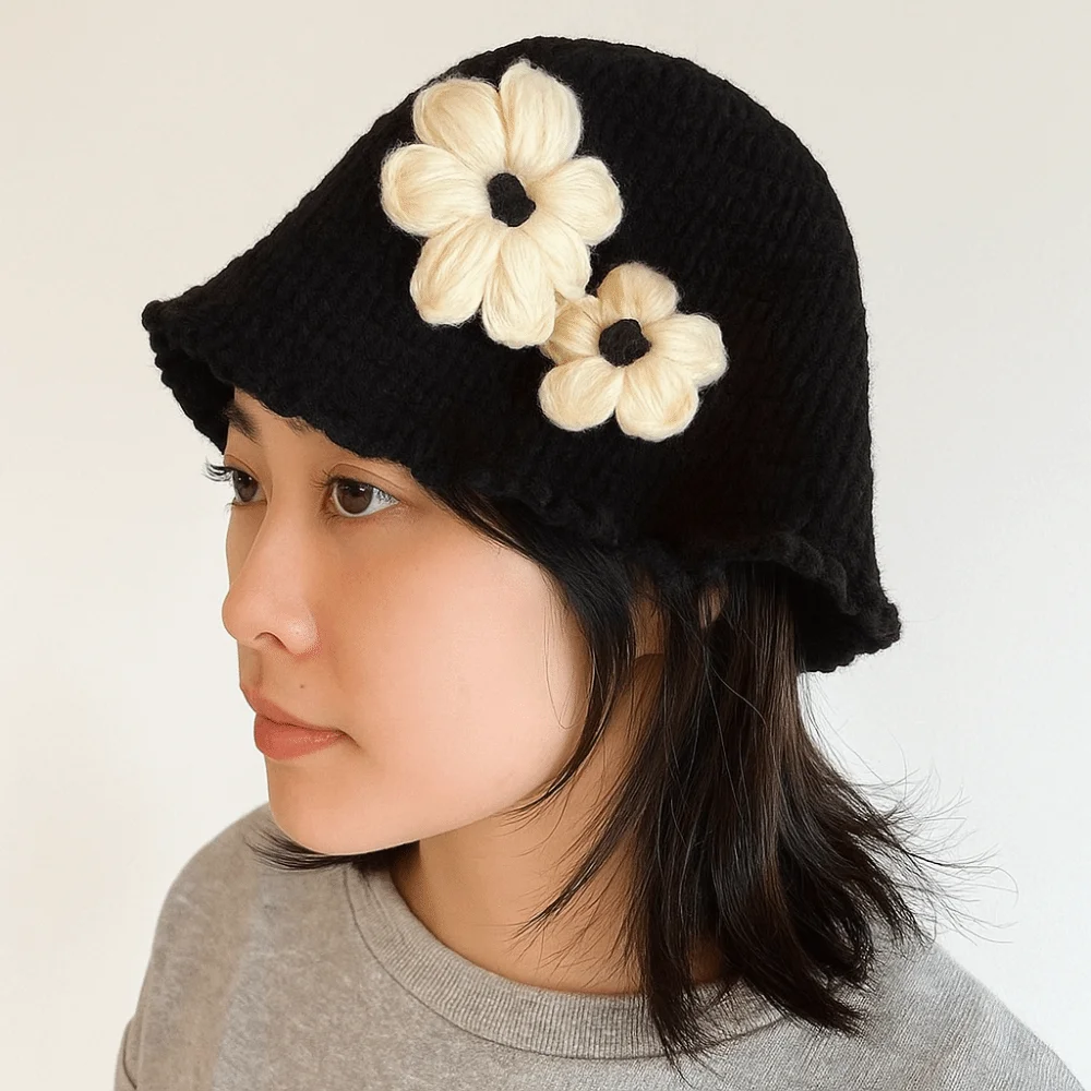الحلو الكورية نمط زهرة كروشيه محبوك قبعة الجوف خارج أزهار لطيفة نسج قبعة اليدوية الدافئة Bowknot قبعة صغيرة الخريف/الشتاء #2