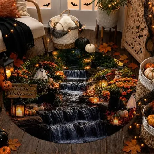 Circle Floor Carpet Tiered Waterfall Stream Printed Black Mascot Silhouette White Tunic Sprites Floral Dark Charcoal Base Floor
