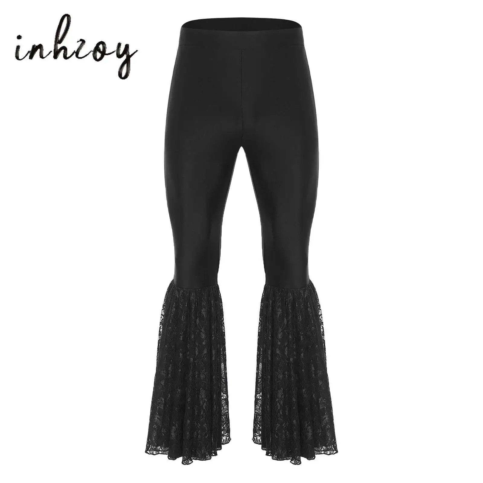 الرجال ديسكو اللاتينية الجاز الرقص السراويل مطاطا حزام الدانتيل المرقعة جرس أسفل السراويل متوهج بنطلون لحفلة الهالوين موضوع