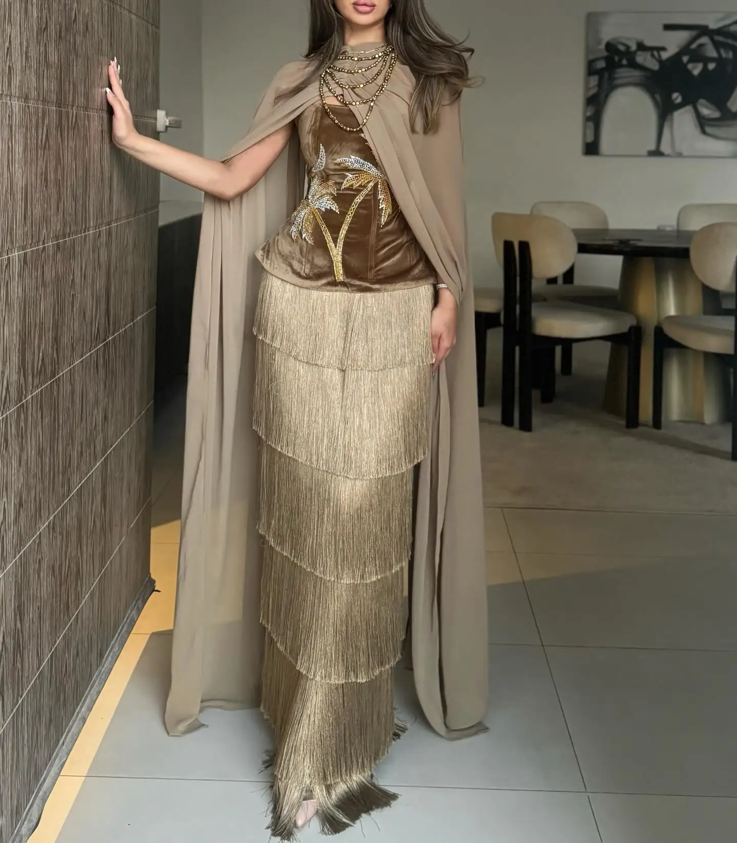 

Customized Tiered Fringe Evening Dress with Chiffon Cape Velvet Beaded Corset Formal Party Gown for Arabic Dubai Women