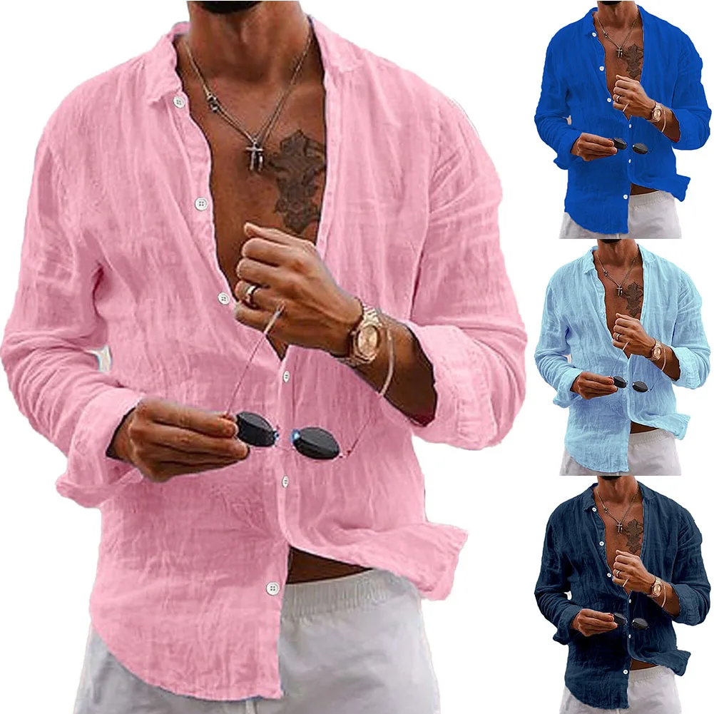 

Mens Casual Cotton Blend Shirt Long Stretch Sleeve Loose Solid Color Blouse Button Down Shirts Breathable Quick Dry Hombre Tops