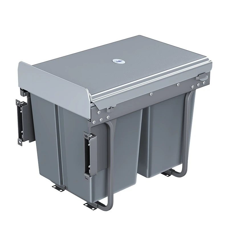 Embedded garbage bin cabinet in kitchen, double bin with lid, pull-out basket, hidden cleaning bin, dry and wet classification