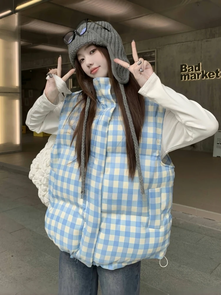 Women's Plaid Cotton Vest Outerwear 2026 New Style Ultra Popular Sleeveless Jacket Thickened Casual Zipper Design Regular Length