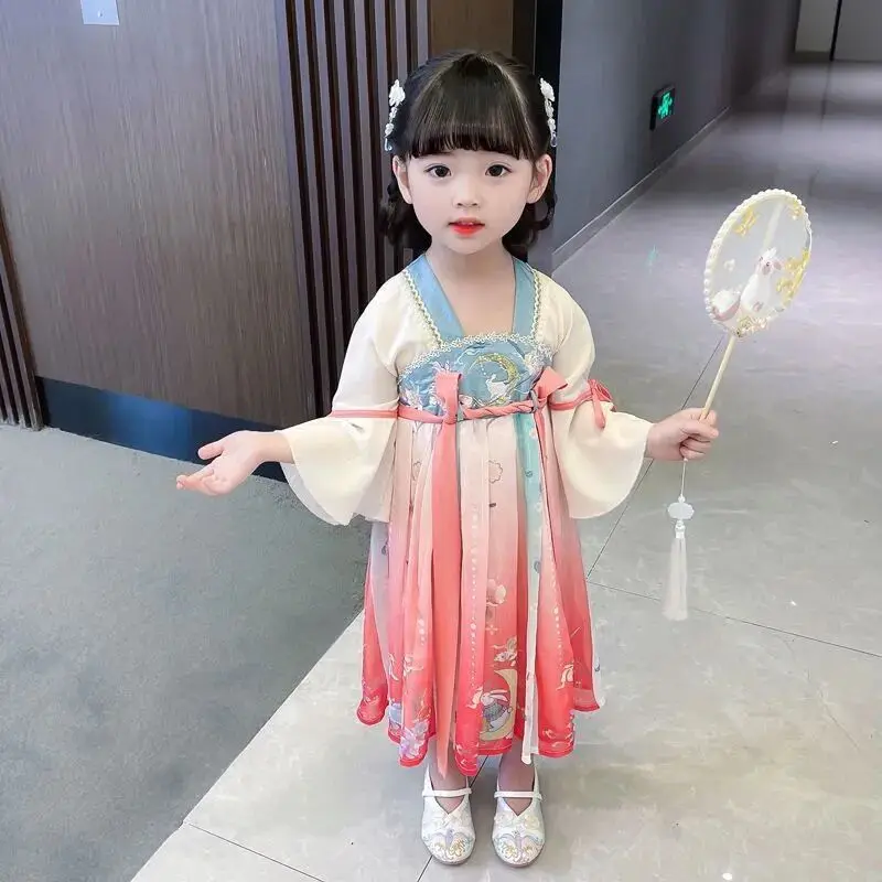 Kids Girls Hanfu Spring and Autumn Clothes 2023 New Tang Suit Chinese Children\'s Ancient Clothes Girls Baby Dress