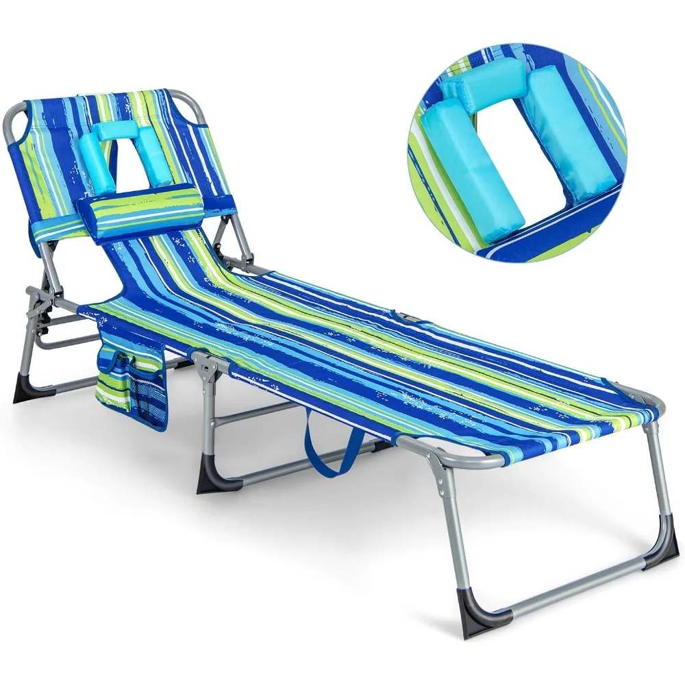 

Chair, Folding Beach Lounge Chair with Face &Arm Hole, 5-Position Adjustable,Removable Pillow,Side Pocket, 2 Pack