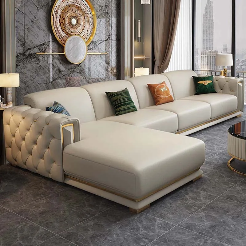 High-end Stainless Steel And Titanium Edge Sofa Set Living Room Furniture Sponge Leather L Shape Sofas