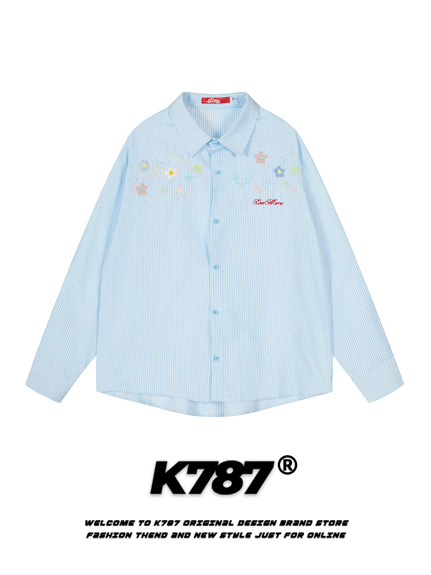 

K787 American Sle Casual Long Sve Striped irt ex Loose Fit Embroidery Lazy Sle Couple irt Cotton Polyester Blend