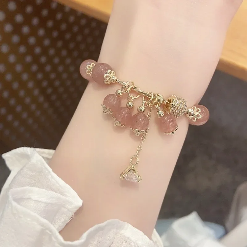 

New Naturally Strawberry Crystal Peach Blossom Bracelet Sweet Refreshing Charm Jewellery Fashion Handmade Exquisite Gift