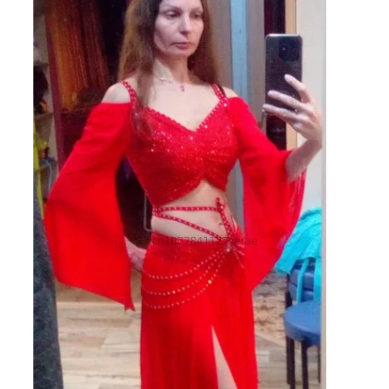Nouveaux Costumes de danse du ventre, uniformes de classe de danse d'entraînement en maille pailletée, ensembles de danse du ventre haut et jupe, jupes à Double fente