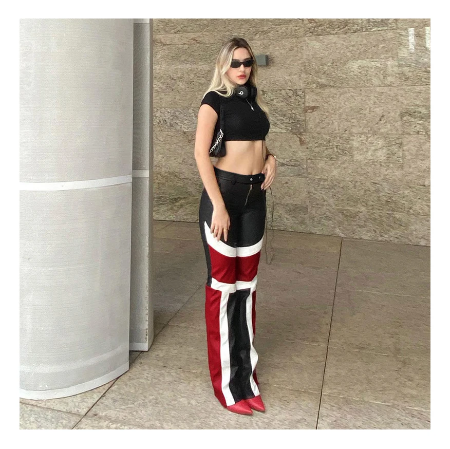 American Street Printing Color Contrast Cardigan Coat Motorcycle Hot Girl Zipper Straight-Leg Trousers PU Leather Suit Autumn