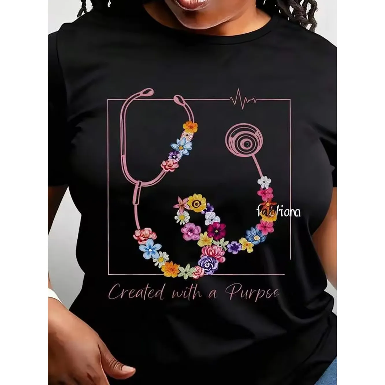Women's Casual Crew Neck Tops, Floral Stethoscope Design, Medical Theme With Colorful Flowers, Created With A Purpose Print, Soft Comfortable Fit