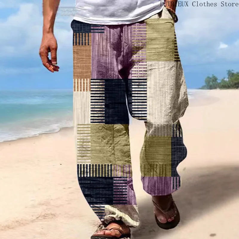 Digital Printed Geometric Square Holiday Beach Sunscreen Pants Spring and Summer New Street Fashion Loose Casual Men's Pants