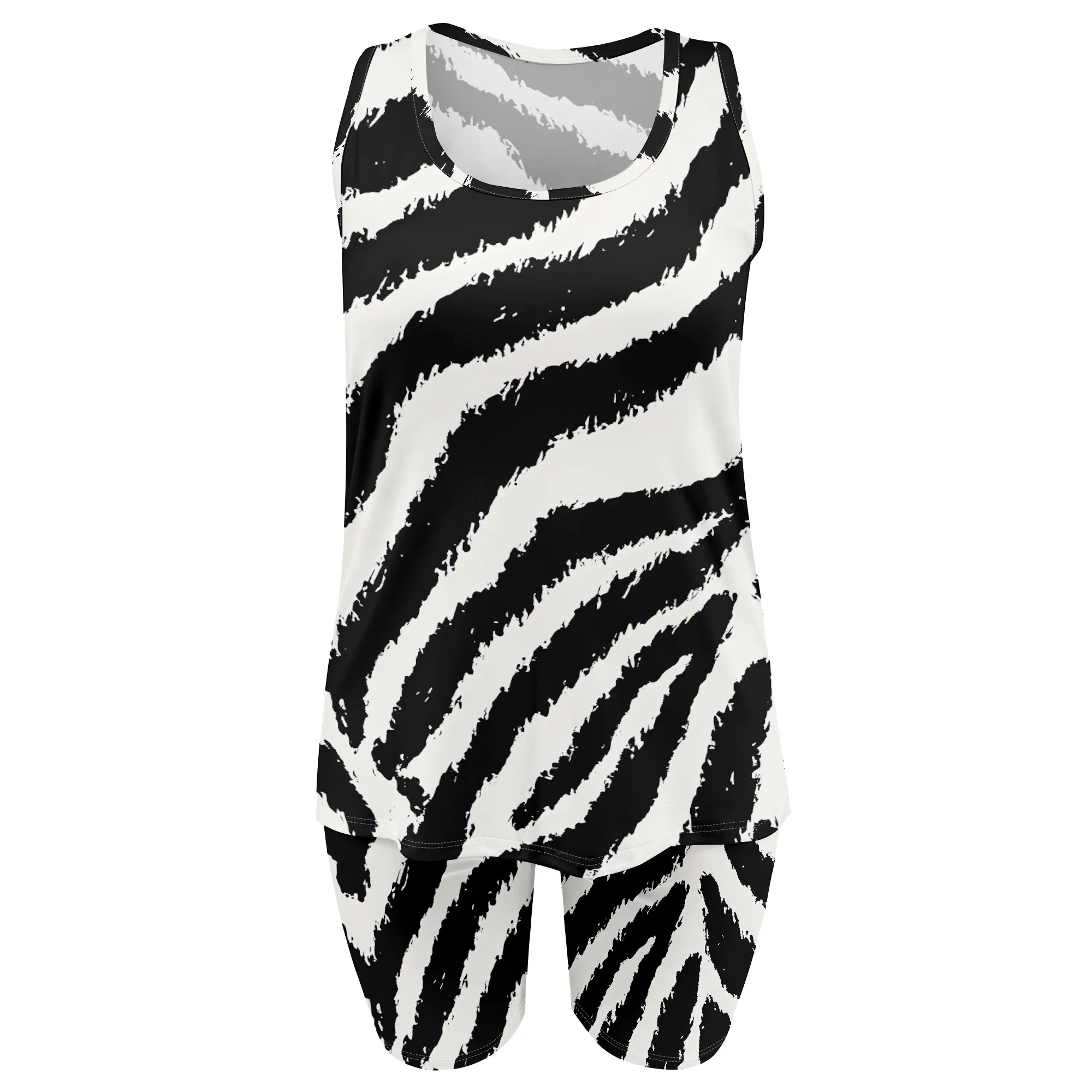 Zebra Print Two Piece Set, Sleeveless Crop Top And Biker Shorts, Casual Summer Outfit For Women, S-2XL