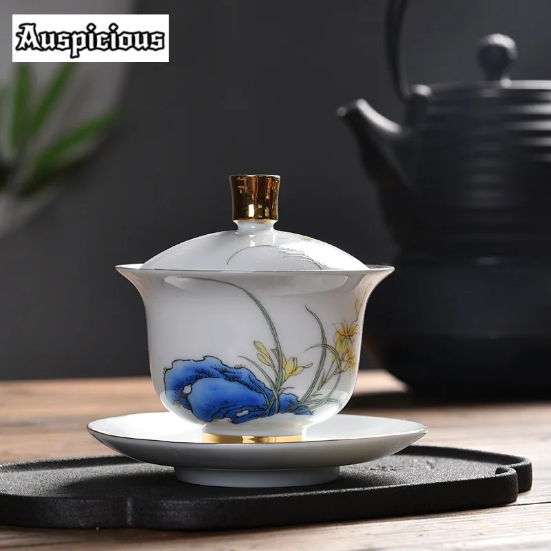 180ml Pure Gilded Silver Gaiwan Creative Hand Painted Sheep Fat Jade Cup Saucer Tea Tureen Tea Brewing Cover Bowl Teaware Craft