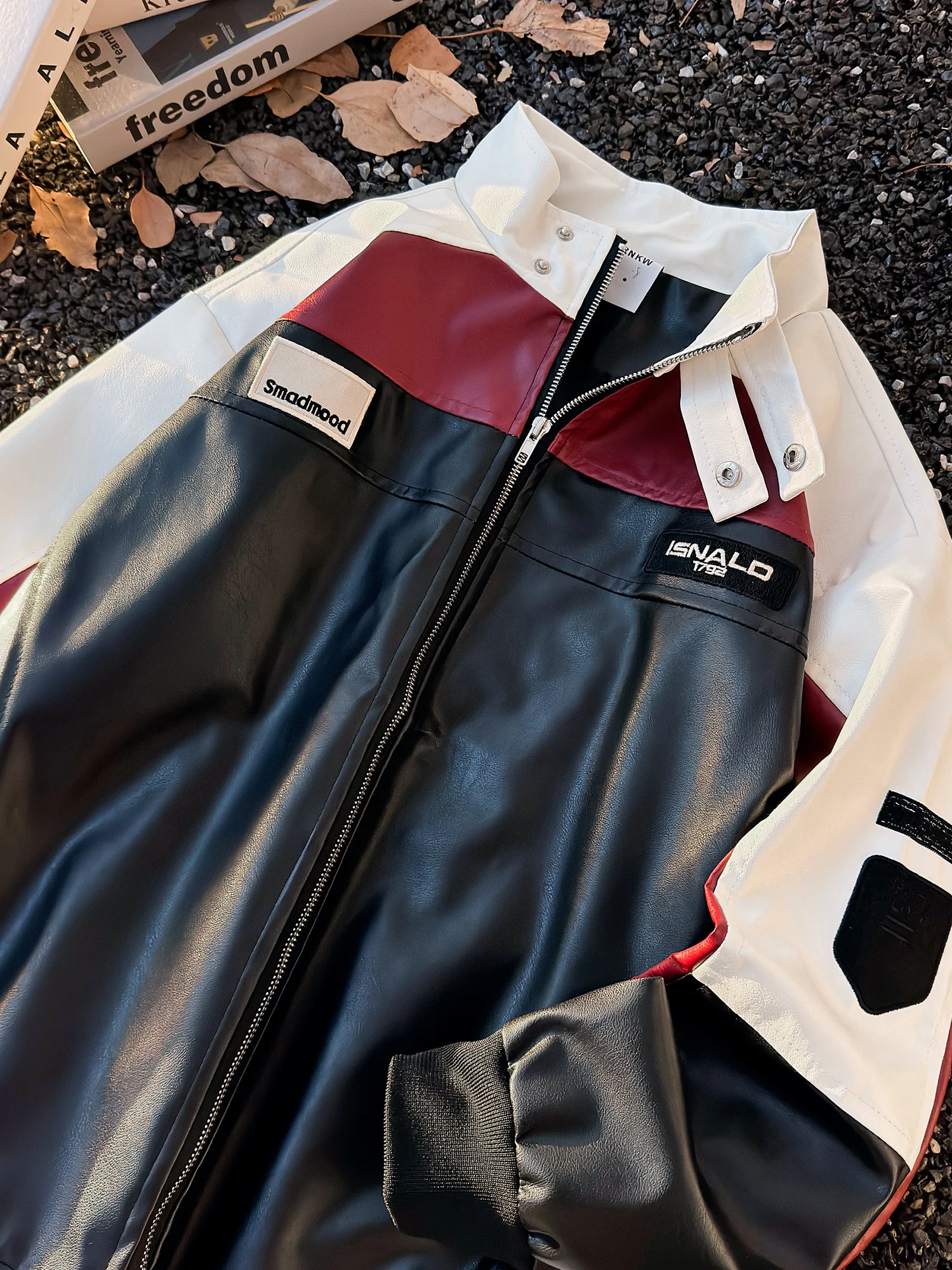 

American Sle Motorcycle Jaet Men's Spring Color Blo Racing Suit Design Sense Leather Coat Outerwear Loose Fit Retro Sle