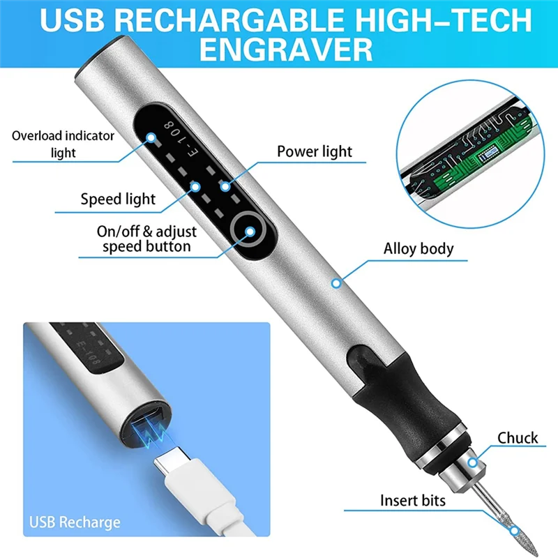 -AT52 2 Pcs Engraving Pen With Bits Cordless Engraving Machine Electric For Jewelry Wood Glass Stone