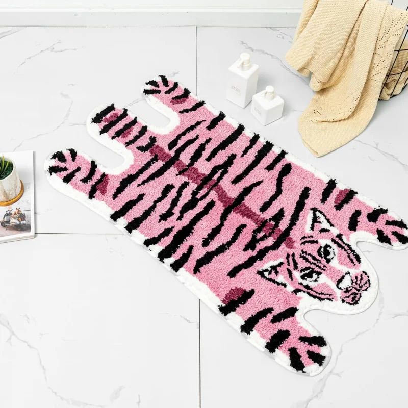 VIKAMA Pink Leopard Tiger Shaped Bath Mat Y2K Fluffy Absorbent Non Slip Bathroom Rug Cute Animal Bedroom Washable Floor Doormat view 2