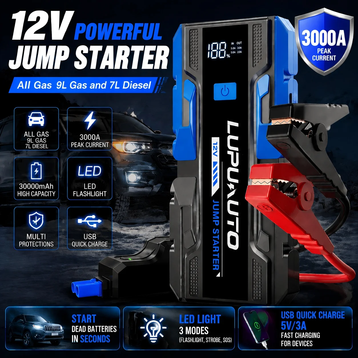 3000A Jump Starter 8000mAh Portable Power Bank Safety Protection 12V Auto Battery Booster with LCD Display with Emergency LED Light