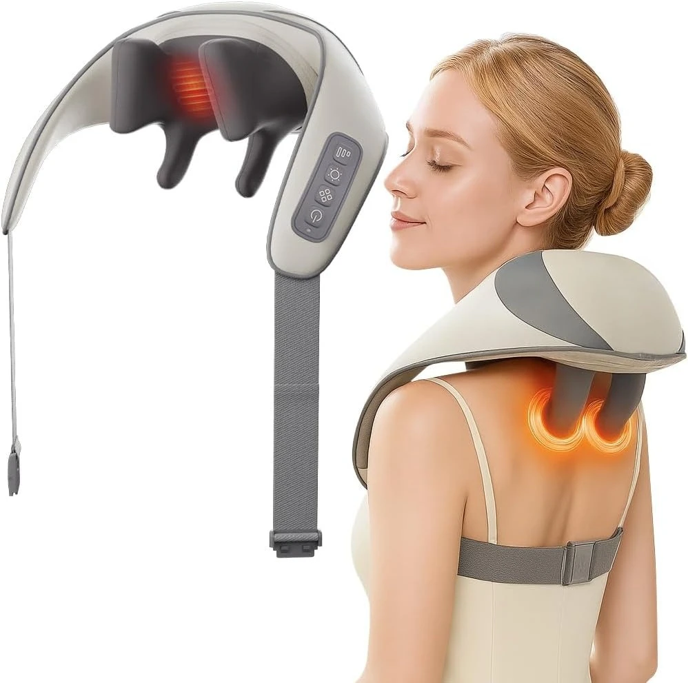 Cervical Massager Premium Fabric Ergonomic Standard Size, Deep tissue, Relaxation, Shiatsu, Cordless, Massage, Rechargeable for All Season Use, Neutral Grey