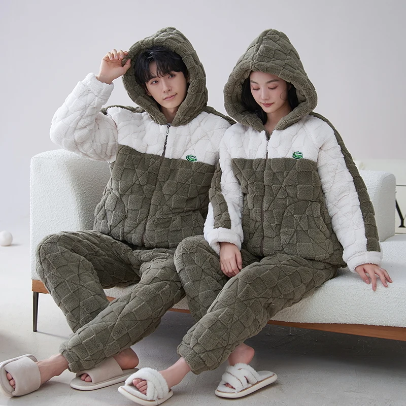 

High Quality Couple Hooded Pajamas Set Women Men Casual Thick 3 Layers Pijama Winter knited Cotton Quilted Pyjamas